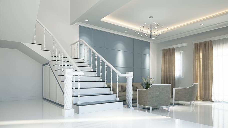 sofa, set, staircase, interior, neoclassical, design, luxury, 3d, white, classic