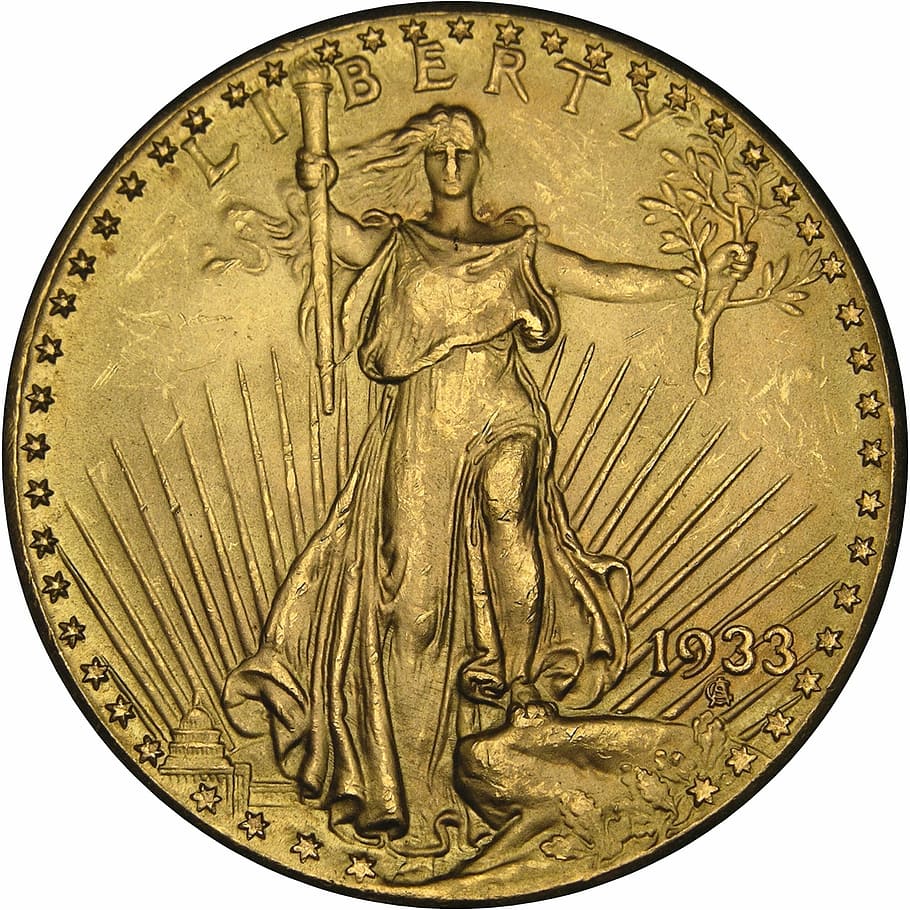 1933 gold-colored liberty coin, coin, dollar, currency, money, double eagle, loose change, finance, wealth, 1933