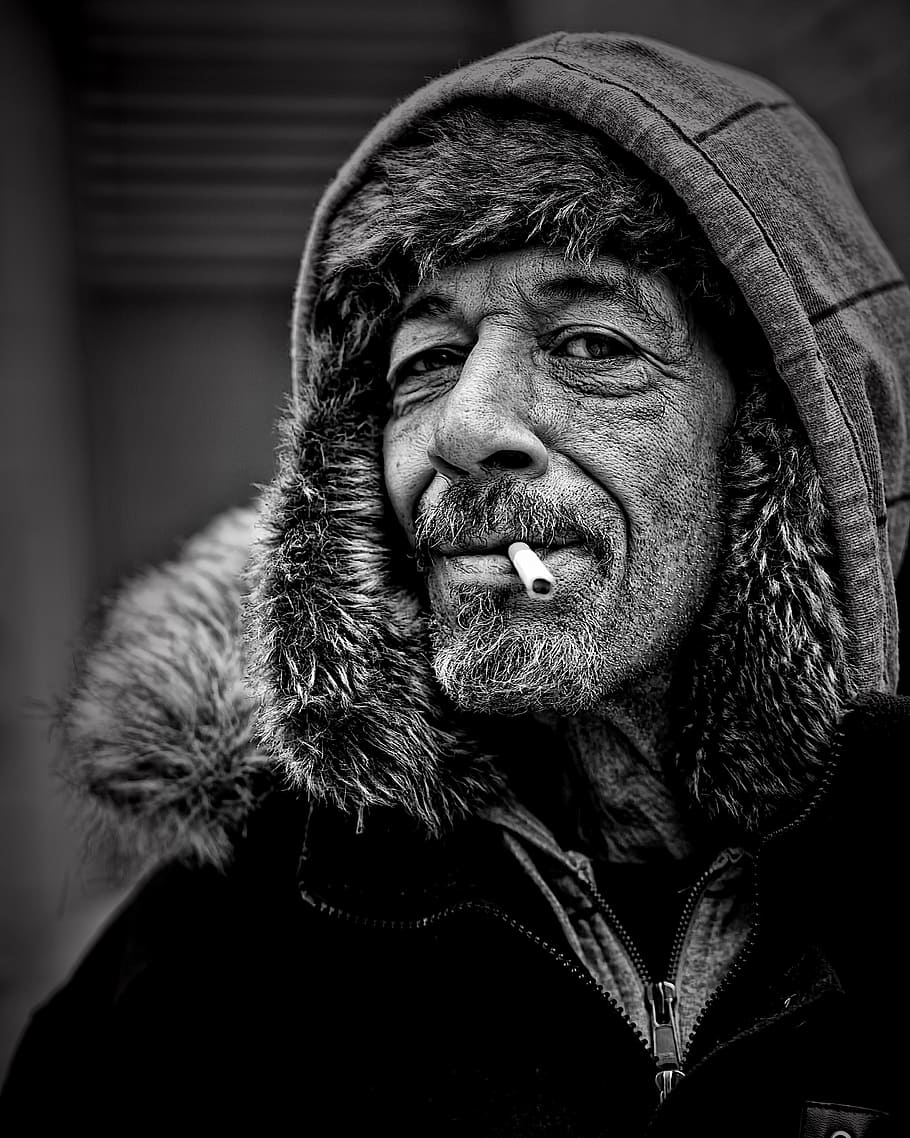 grayscale photo, man, capt, people, homeless, male, white, person, homeless man, poverty