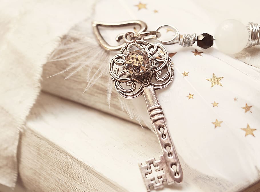 silver-colored skeleton, key, pendant, white, textile, stainless steel, steel skeleton, skeleton key, heart, spring