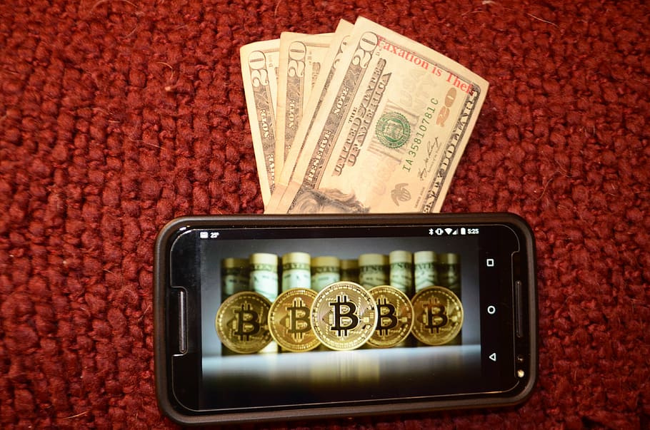 black, android smartphone, dollar banknotes, bitcoin, taxation is theft, digital currency, paper currency, currency, wealth, finance
