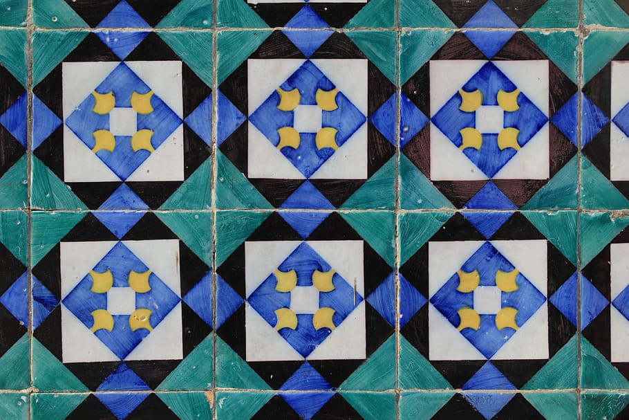 Portugal, Tiles, Ceramic, Wall, Covering, regular, pattern, full frame, multi colored, triangle shape