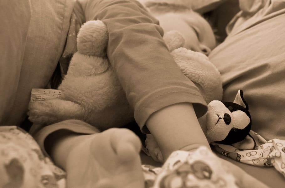toddler, lying, bed, hugging, plush, toys, child, baby, sleep, relaxation
