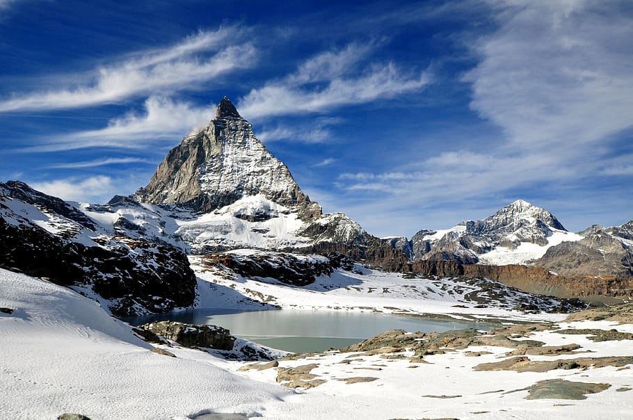 landscape photography, snow-coated mountain, cirrus clouds, zermatt, matterhorn, mountain, alps, mount matterhorn, winter, switzerland