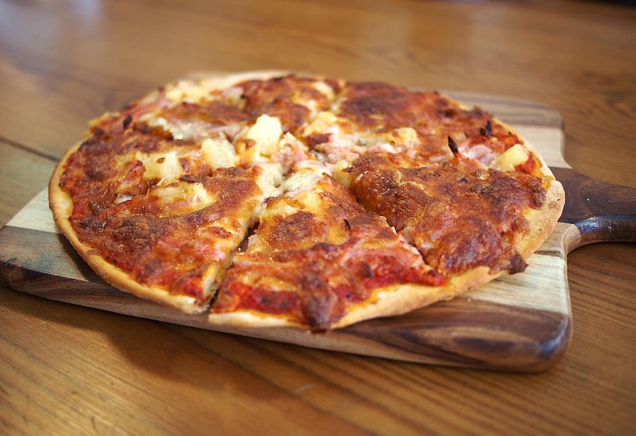 pizza, wooden, board, lunch, meal, food, baked, italian, sliced, cheese