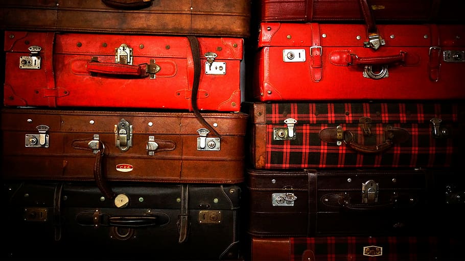 assorted-color luggages, piled, top, luggage compartment, old shanghai, nostalgia, old things, red, firefighter, fire engine