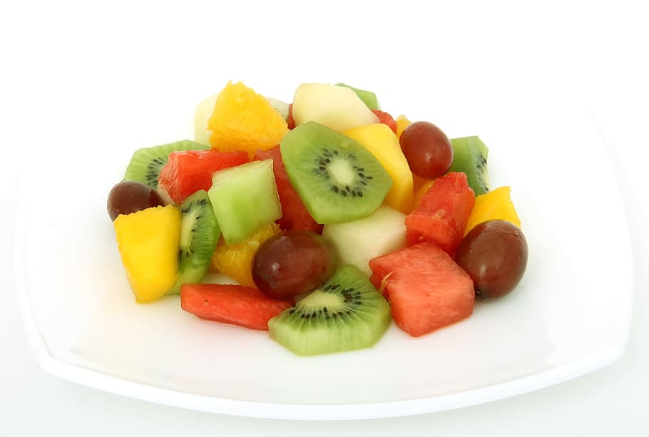 fruit salad, serve, white, ceramic, plate, ceramic plate, closeup, cocktail, color, colorful