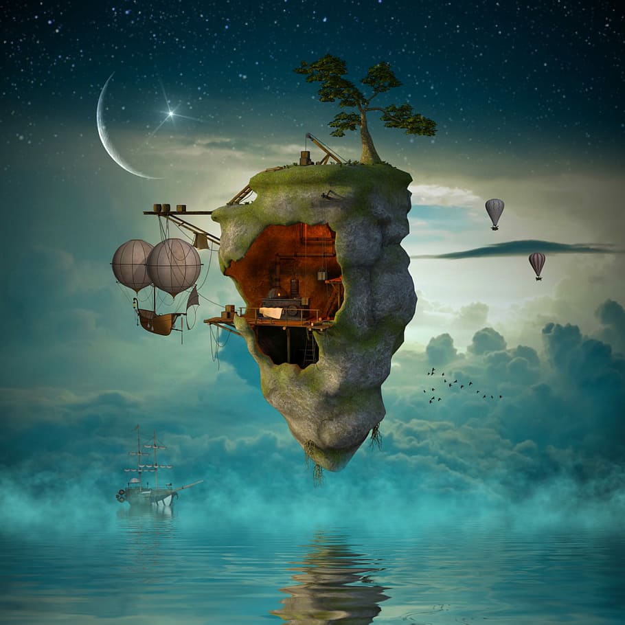 floating island illustration, planet, ocean, landscape, sunset, coast, sea, evening sky, horizon, coastal landscape