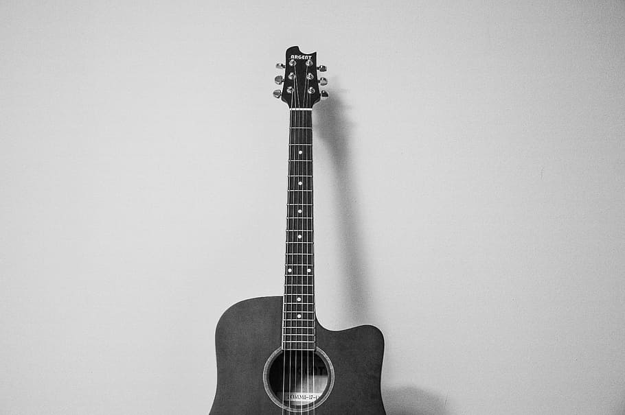 fraque, acústico, violão, parede, escala de cinza, foto, música, instrumento, preto e branco, instrumento musical