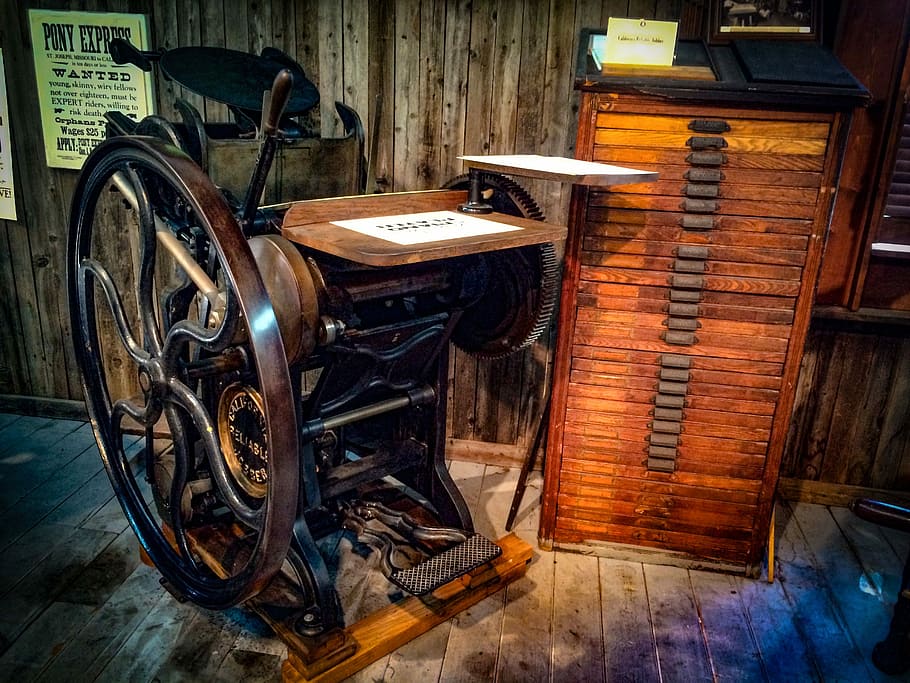 brown, black, metal, vintage, machine, wooden, plan chest, Printing, Press, Antique, Printing Press