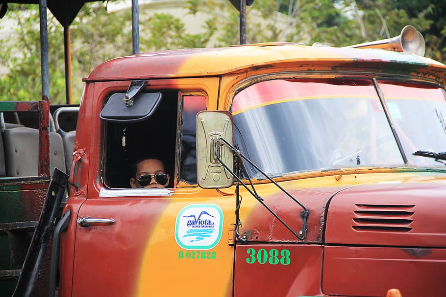 truck, sunglasses, rear mirror, driver's cab, cool, passenger, cuba, cuban, human, funny