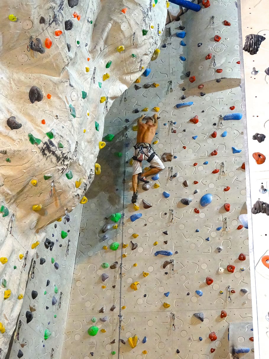 Climbing Wall, Sport, climb, climbing holds, climber, backup, top rope, climbing rope, climbing shoes, rope