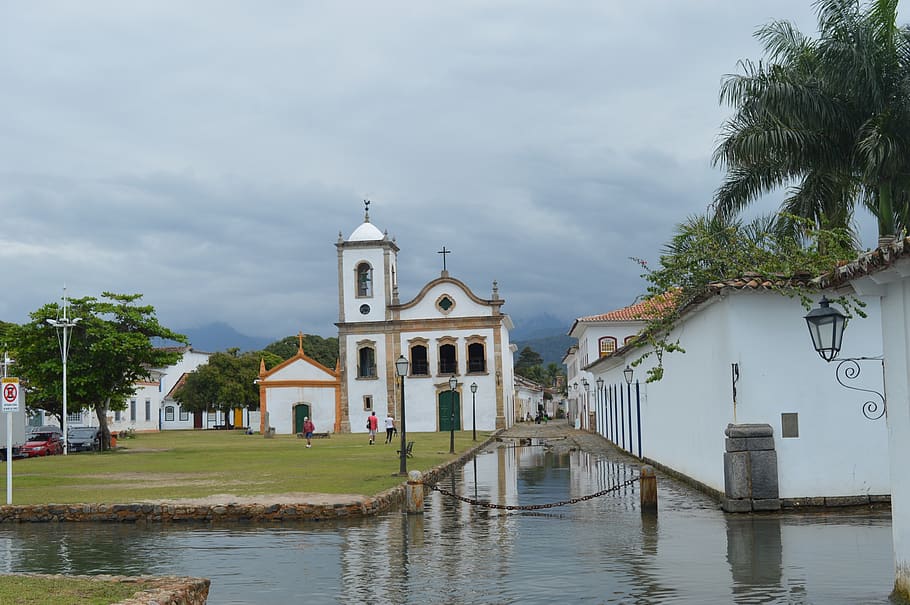 paraty, river jnaeior, church, street, waterlogged, tide, brazil, city, landscape, cloud