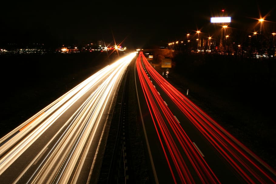 pemaparan panjang, mobil, lampu, jalan, malam, cahaya, lalu lintas, berkendara, jalan raya, kemacetan