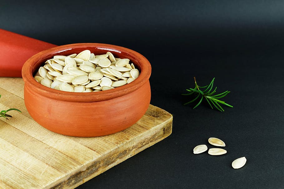 bunch, seed, bowl, pumpkin seeds, pot, dry, earthen pot, healthy eating, snack, nuts
