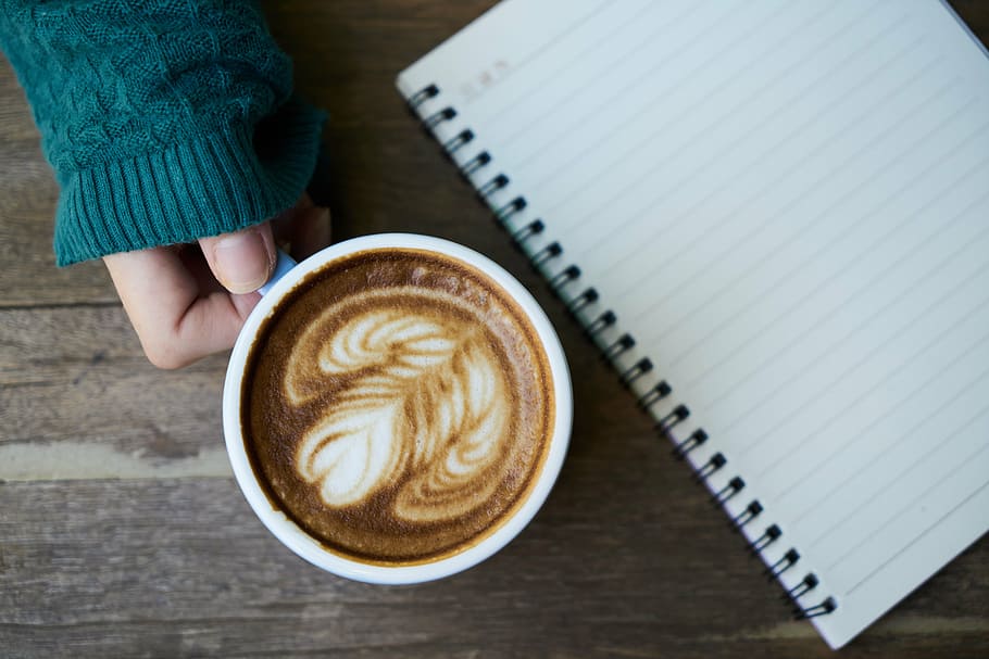 cappuccino, spring notebook, coffee, notebook, latte, hands, green, caffeine, cup, espresso