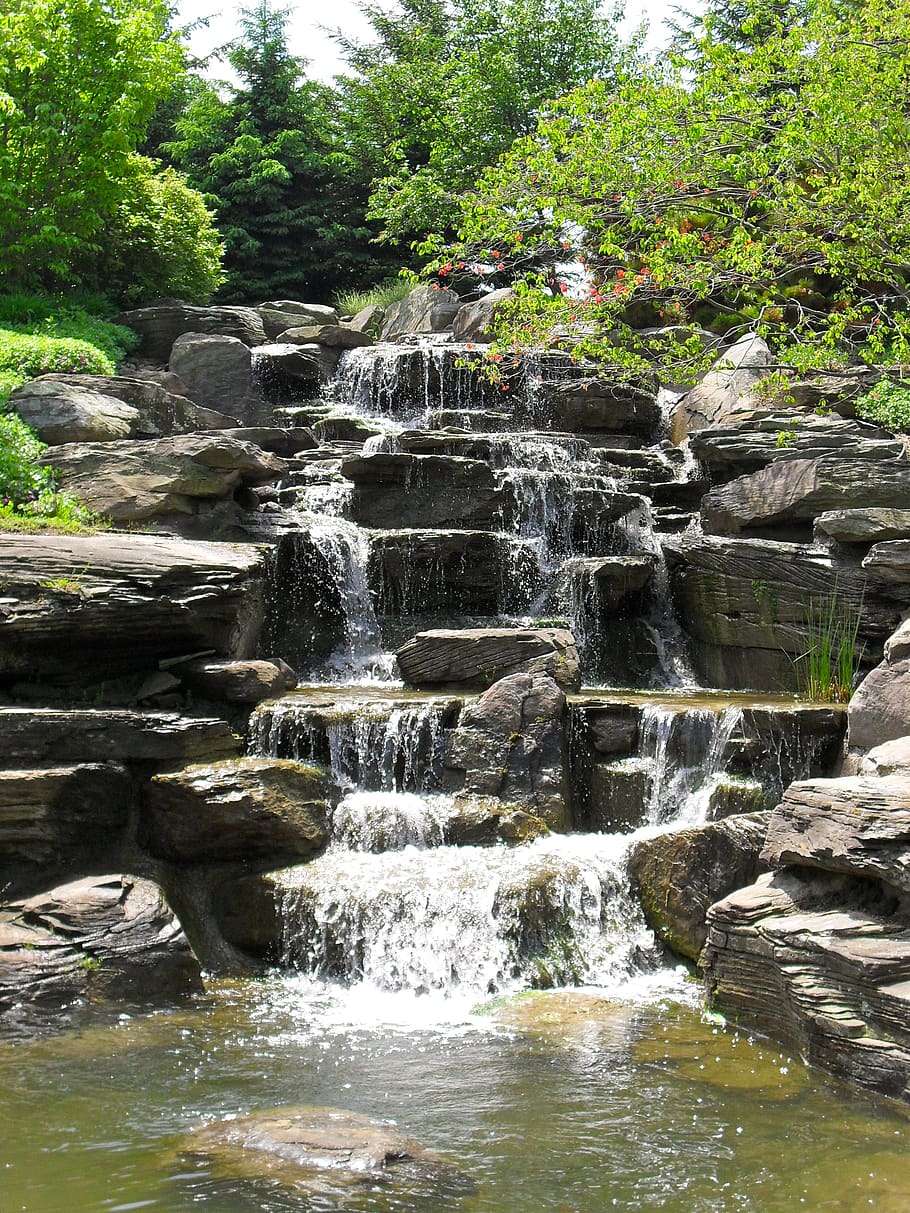 waterfall, stones, water, park, landscape, scenery, green, flow, moss, tree