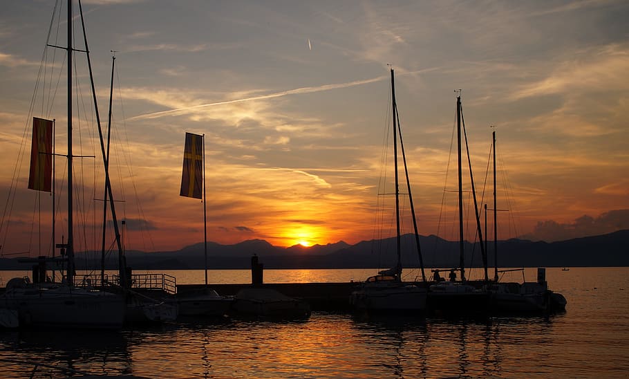 lake garda, sunset, sun sunset, veneto, malcesine, porto vecchio, lakes, nautical vessel, water, transportation