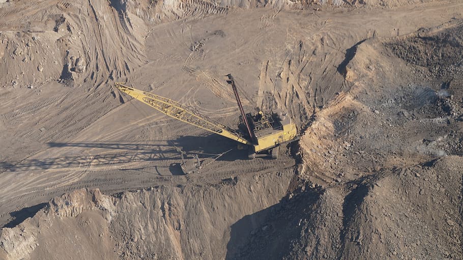 yellow crane, dragline, mining, coal mining, machine, quarry, coal, open, pit, equipment