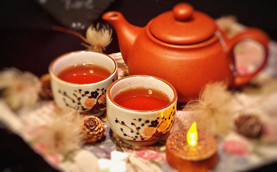 naranja, tetera, dos, blanco, cerámica, tazas de té, tee, bebida, caliente, delicioso