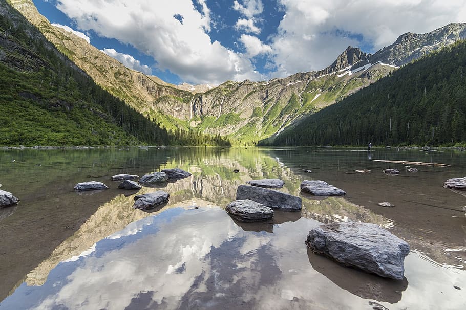 stones, calm, waters, mountain, avalanche lake, landscape, reflection, scenic, mountains, skyline