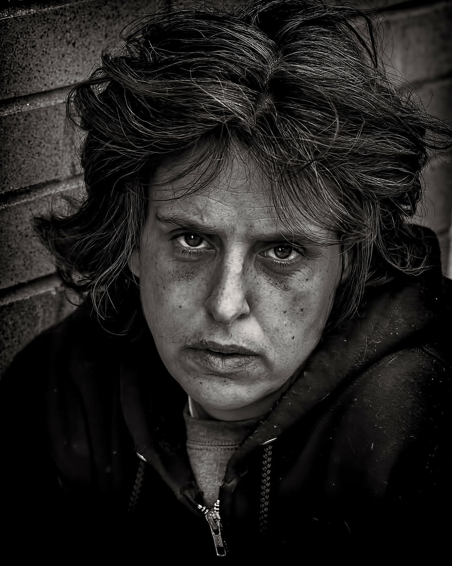 grayscale photo, man, people, homeless, woman, street, poverty, life, person, charity