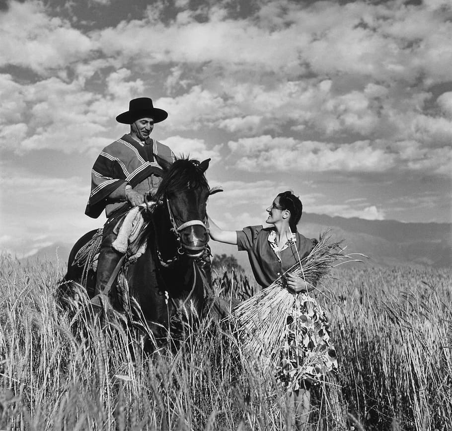Gaúcho, reiter, cavalo, passeio, preto e branco, árabes, chile, índio, 1940, chapéu