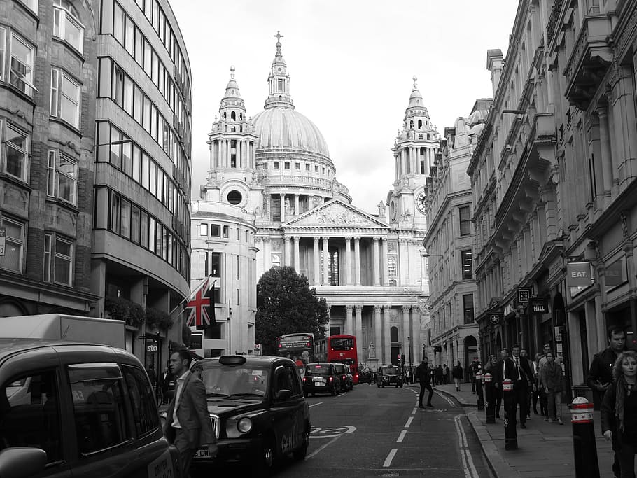 selective, color focus photography, double, decker bus, u.k., flag, london, england, st paul's cathedral, united kingdom