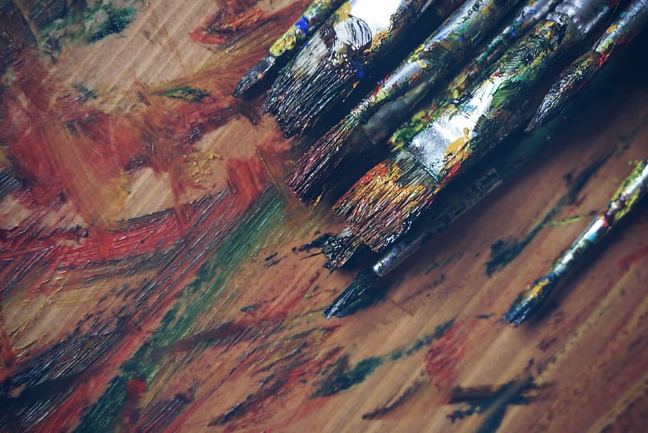 pincel de cores sortidas, marrom, de madeira, mesa, arte, materiais de arte, artista, azul, escova, cor
