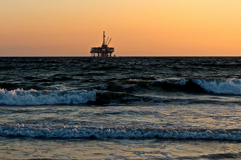 rig minyak, foto laut, matahari terbenam, laut, minyak, gas, bor, pengeboran, platform, teknik