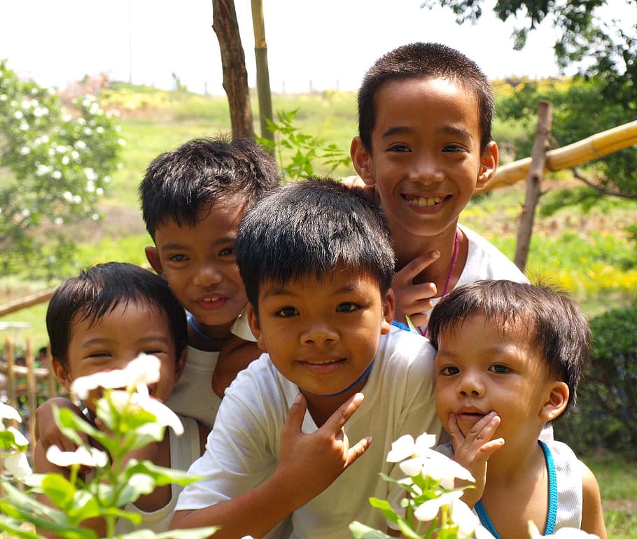 standing, plants, Children, Smiling, Asian, Filipino, outdoor, fun, elementary, education