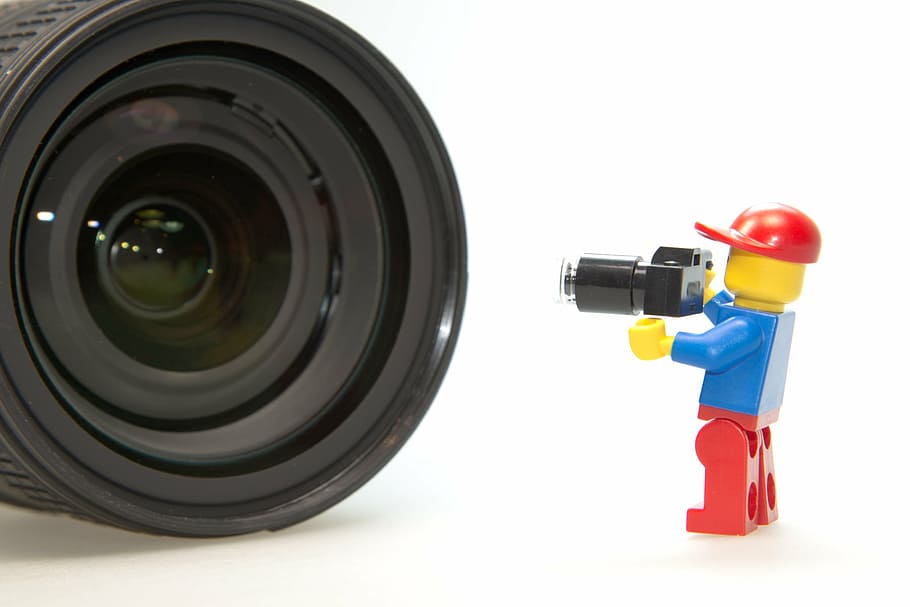 dslr lens, front, mini figure, photographer, lens, lego, photo studio, legomaennchen, slr, macro