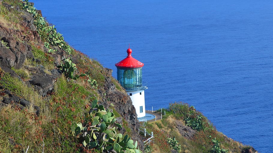 lighthouse, hawaii, ocean, sea, water, blue, island, landscape, travel, tropical