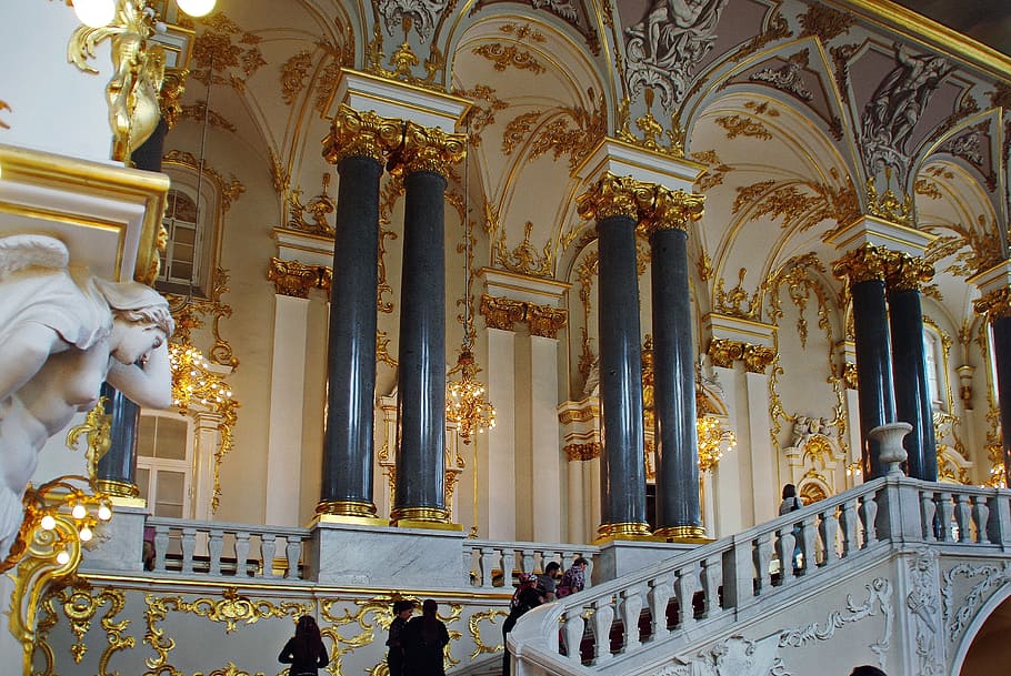 Rusia, St-Petersburg, Hermitage, Museum, pertapaan, tangga, kehormatan, dekorasi, kolom, arsitektur