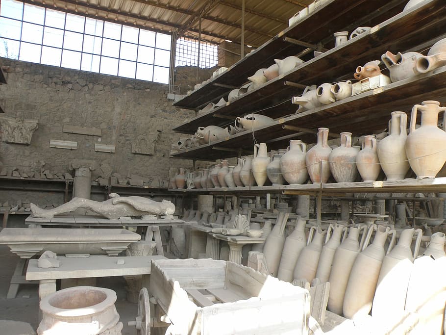Pompeii, Italy, History, Archeology, pompeii, italy, findings, antiquity, indoors, large group of objects, shelf
