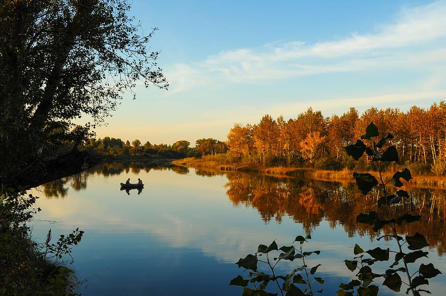 body, waters, surrounded, trees, autumn, fishermen, fishing, river, boat, landscape