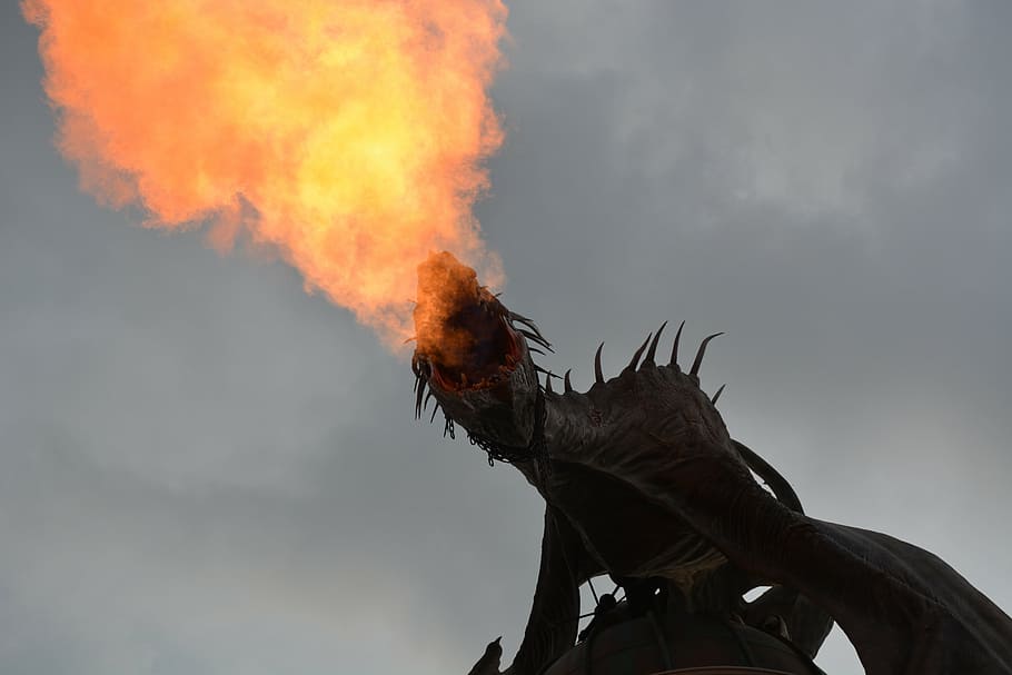 dragon blowing flame, dragon, harry potter, fire, sky, amusement park, animal, leisure, fun, florida