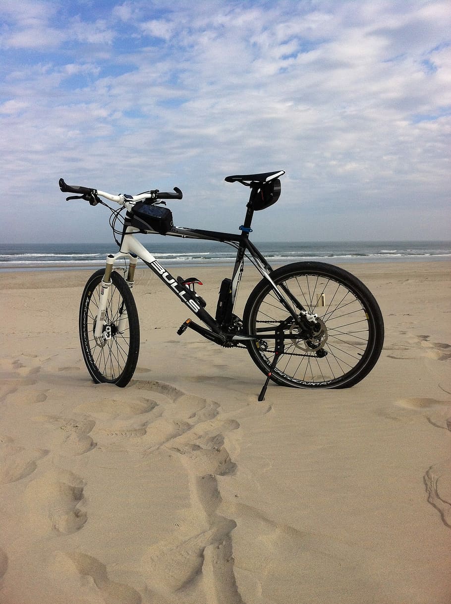 Beach, Cycling, Mountain Bike, sand beach, sand, transportation, stationary, land vehicle, motorcycle, land