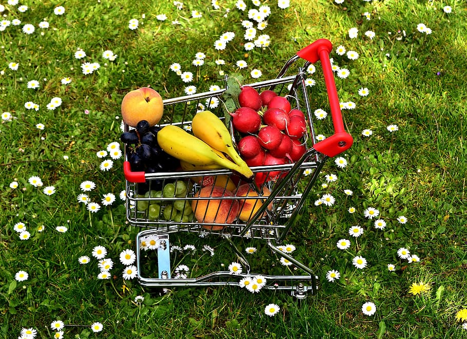 assorted, fruits, grocery kart, Shopping Cart, Healthy, Fruit, healthy shopping, vegetables, bananas, peaches