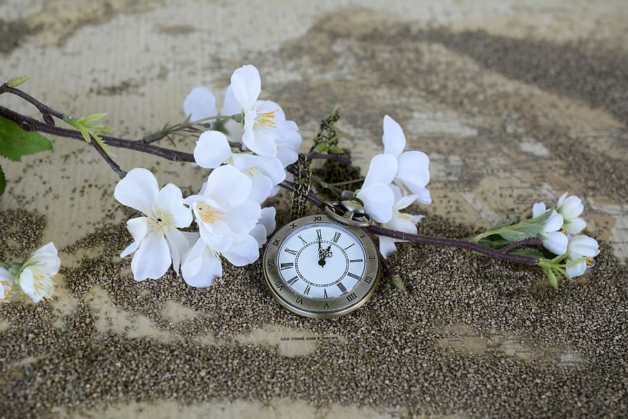 round silver-colored pocket, watch, white, flowers, sand, pocket watch, time of, map of the world, time, clock