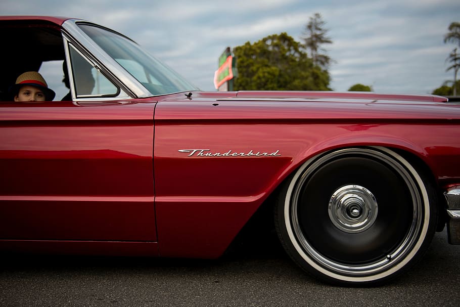 people, inside, red, ford thunderbird, land, vehicle, wheel, car, travel, road