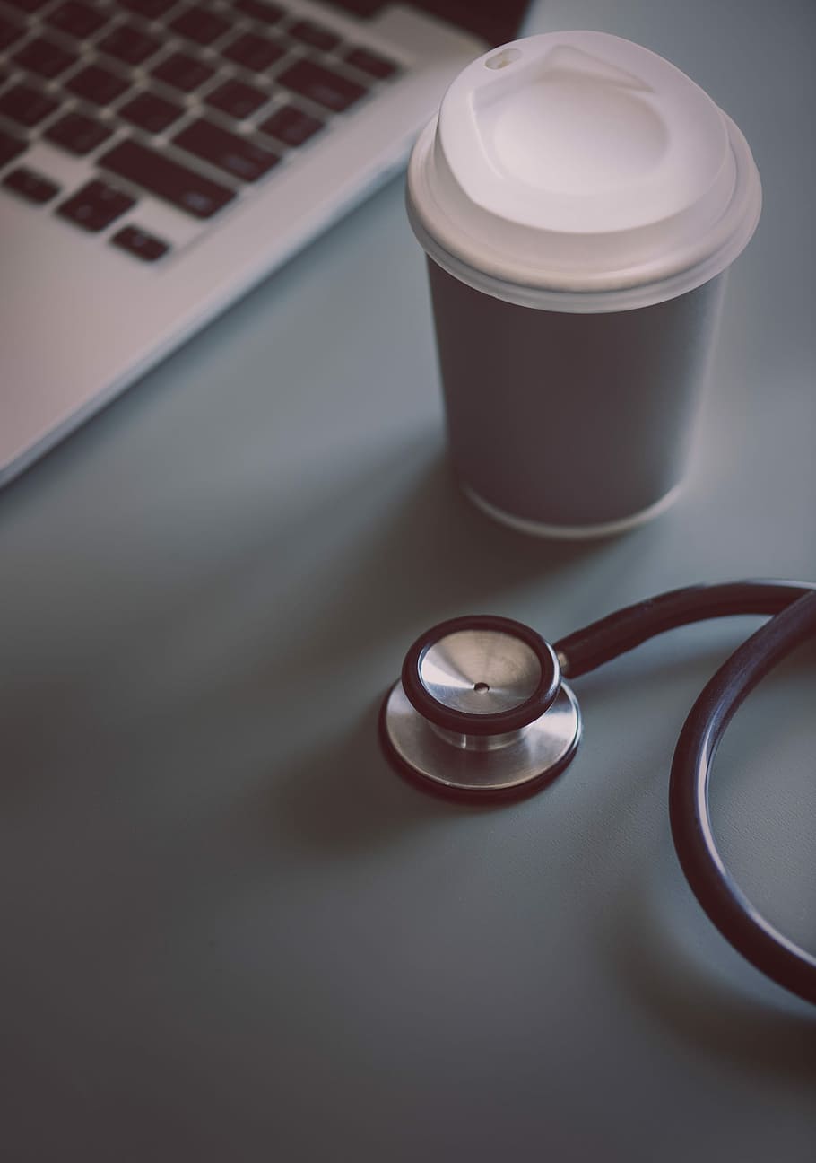 stethoscope beside cup, healthcare, medical, medicine, cardiac, care, checkup, clinical, coffee, computer