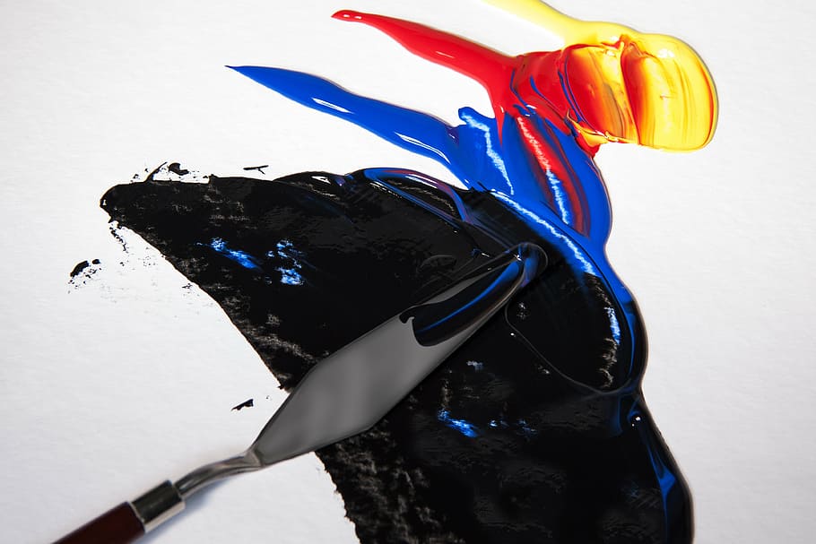 black, blue, orange, paint splash art illustration, acrylic paints, color, spatula, color mixing, split, spatula technique