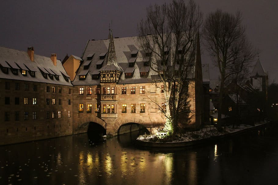 brown, boat, buildings, night time, nuremberg, winter, middle ages, hospital, old, building