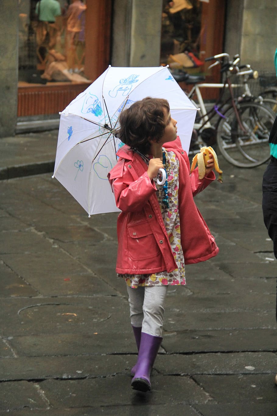 girl, holding, umbrella, banana, little girl, rain, walker, boot, child, one person