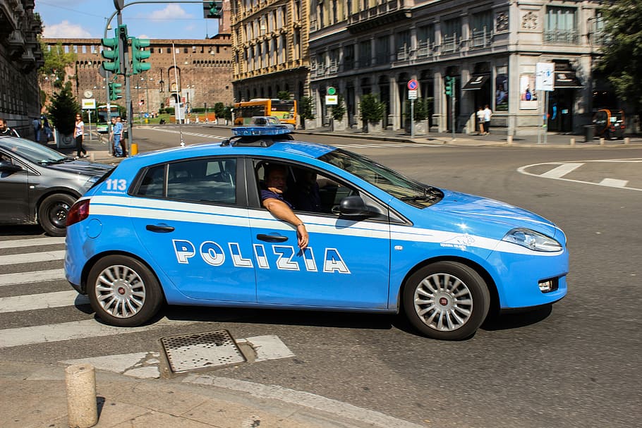 Polícia, polizia, estrada, controle, patrulha, carro, segurança, policial, itália, rua