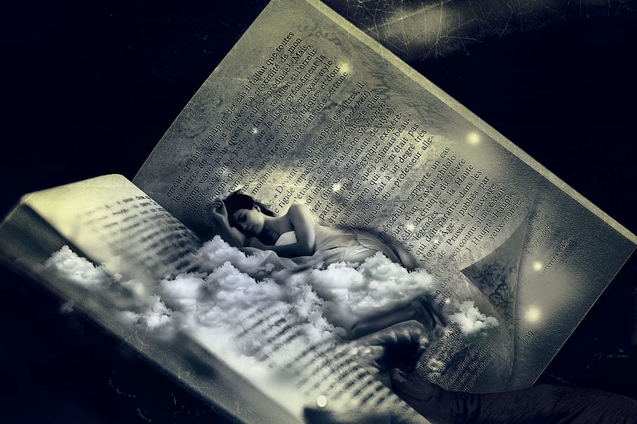 gray, black, book, woman, bed, dream, sleep, fantasy, photomontage, reading