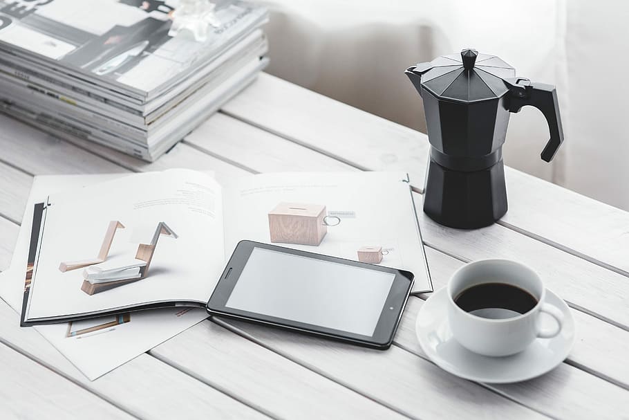 table, items, Coffee, morning, pot, tablet, coffee - Drink, cup, business, desk