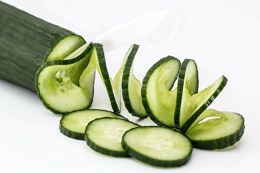 sliced, cucumber, white, surface, salad, food, healthy, green, fresh, vegetarian