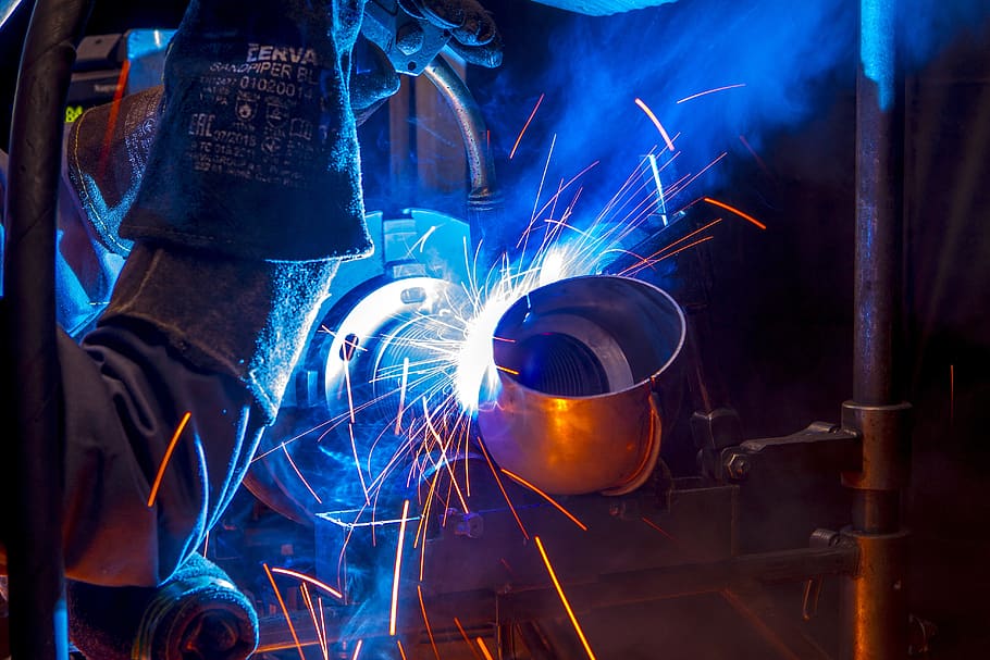 welder, production, worker, blue, fire, bright, steel, industry, indoors, welding